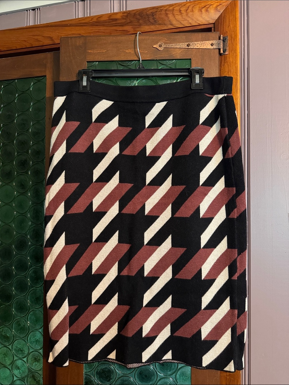 Ann Taylor Factory Geometric Midi Skirt in Black, Burgundy & Cream